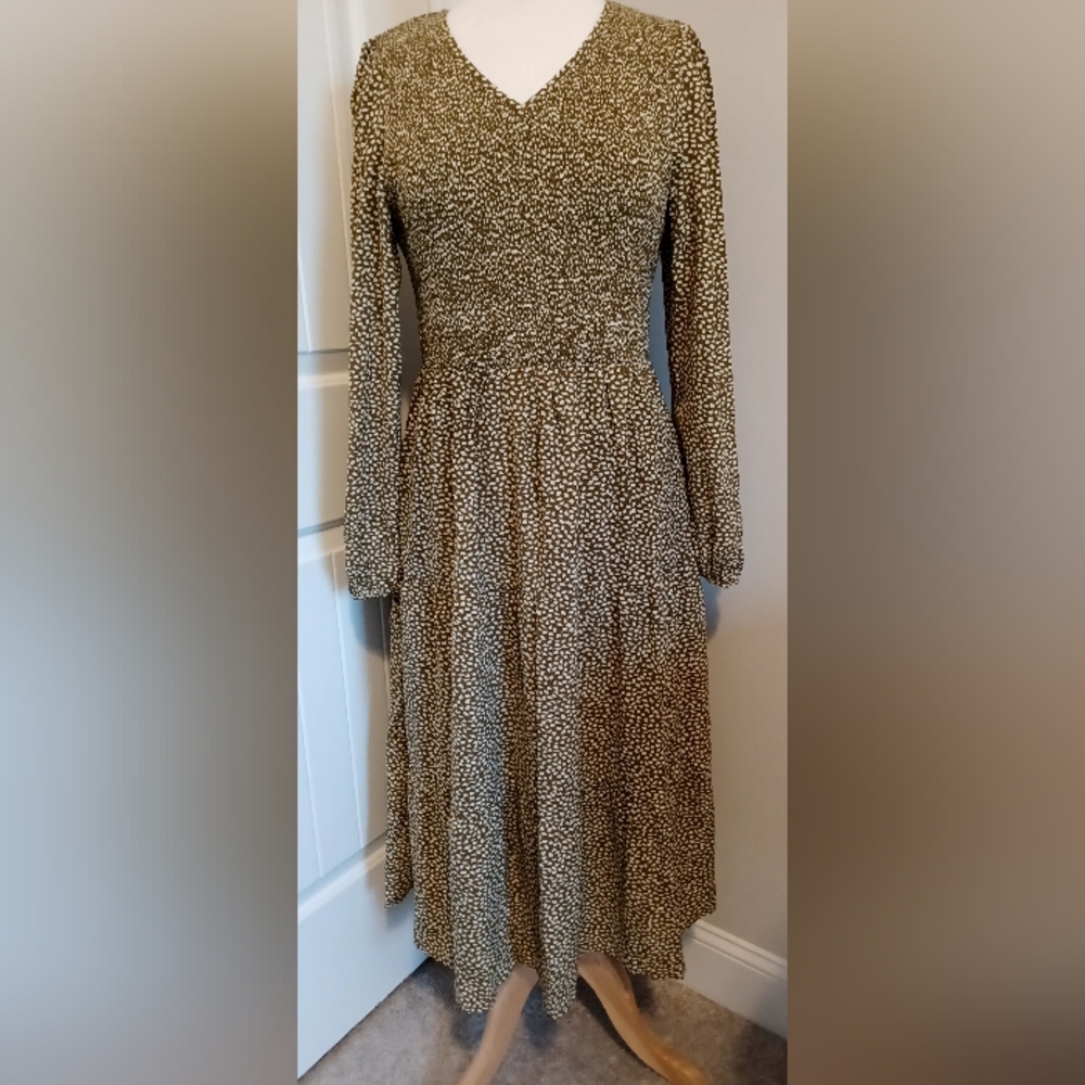 New Annebouti casual long sleeve midi dress boho floral smocked A line Sz Large